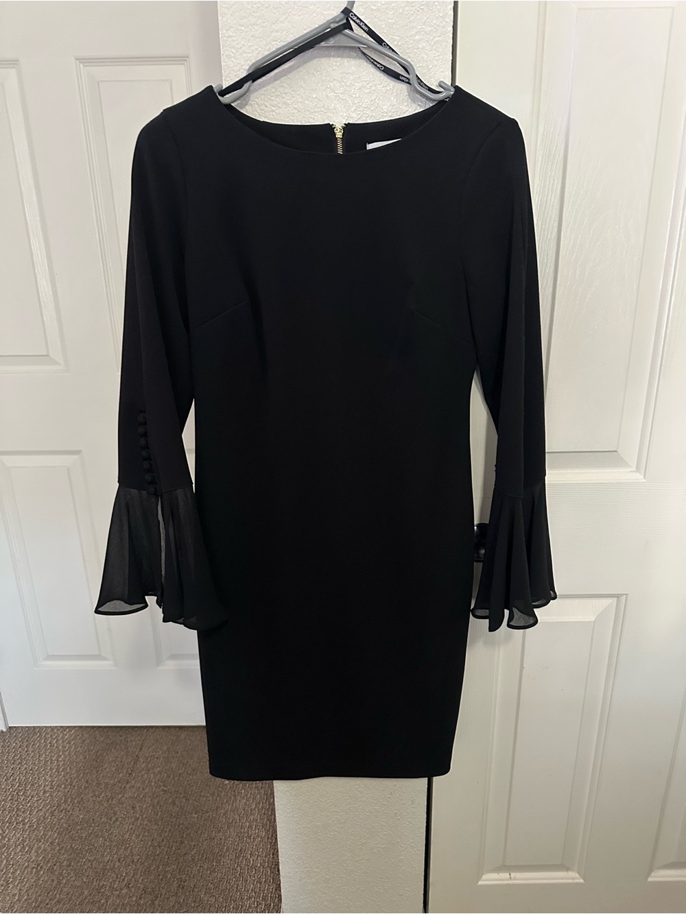 Calvin Klein Elegant Black Bell-Sleeve Sheath Dress